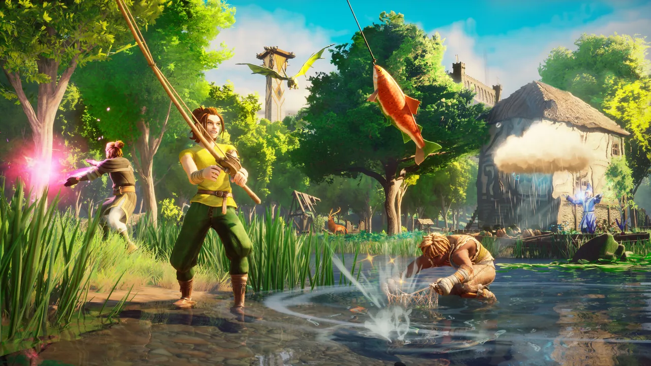 Players fishing and casting spells by a forest pond